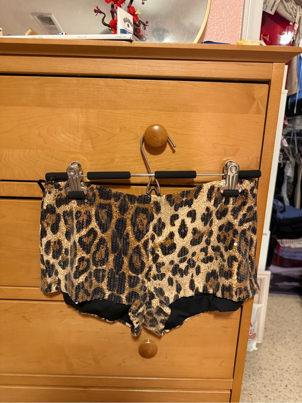 Edikted Sequin Leopard-Print High-Waist Shorts in Black and Brown
